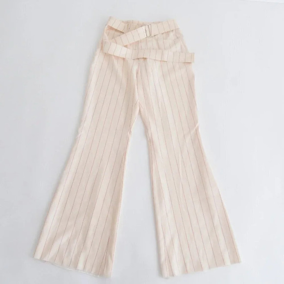 Orseund Iris Cream w Red Pinstripe Wide Leg Mid-Rise Crop Dress Pants Trousers 6 - Picture 3 of 14